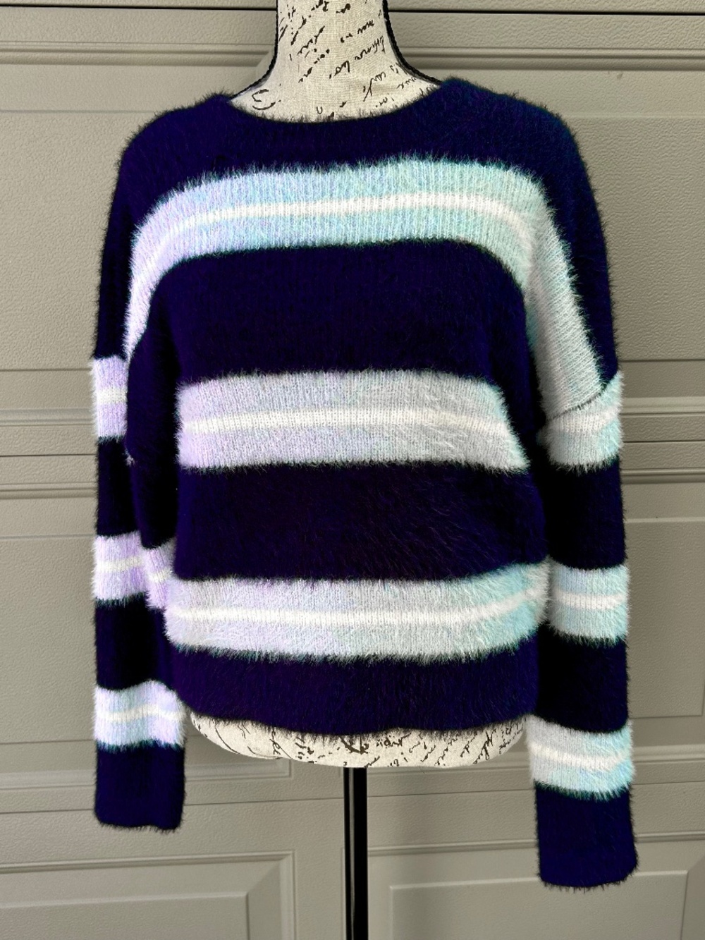 Women's Fuzzy warm, blue stripe sweater, size Medium (8-10)
